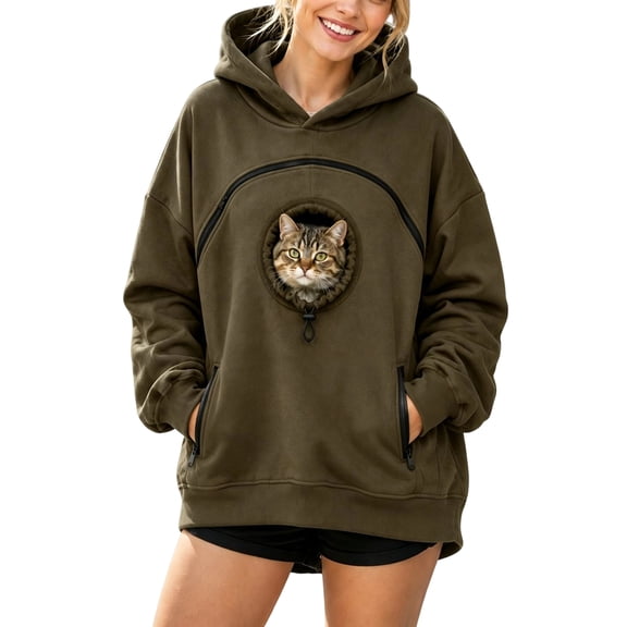 Women's Pet Pouch Hoodie, Kangaroo Carry Sweatshirt with Front Pet Carrier Pocket, Side Zip Drop Shoulder Oversized Hooded Top for Cats & Dogs