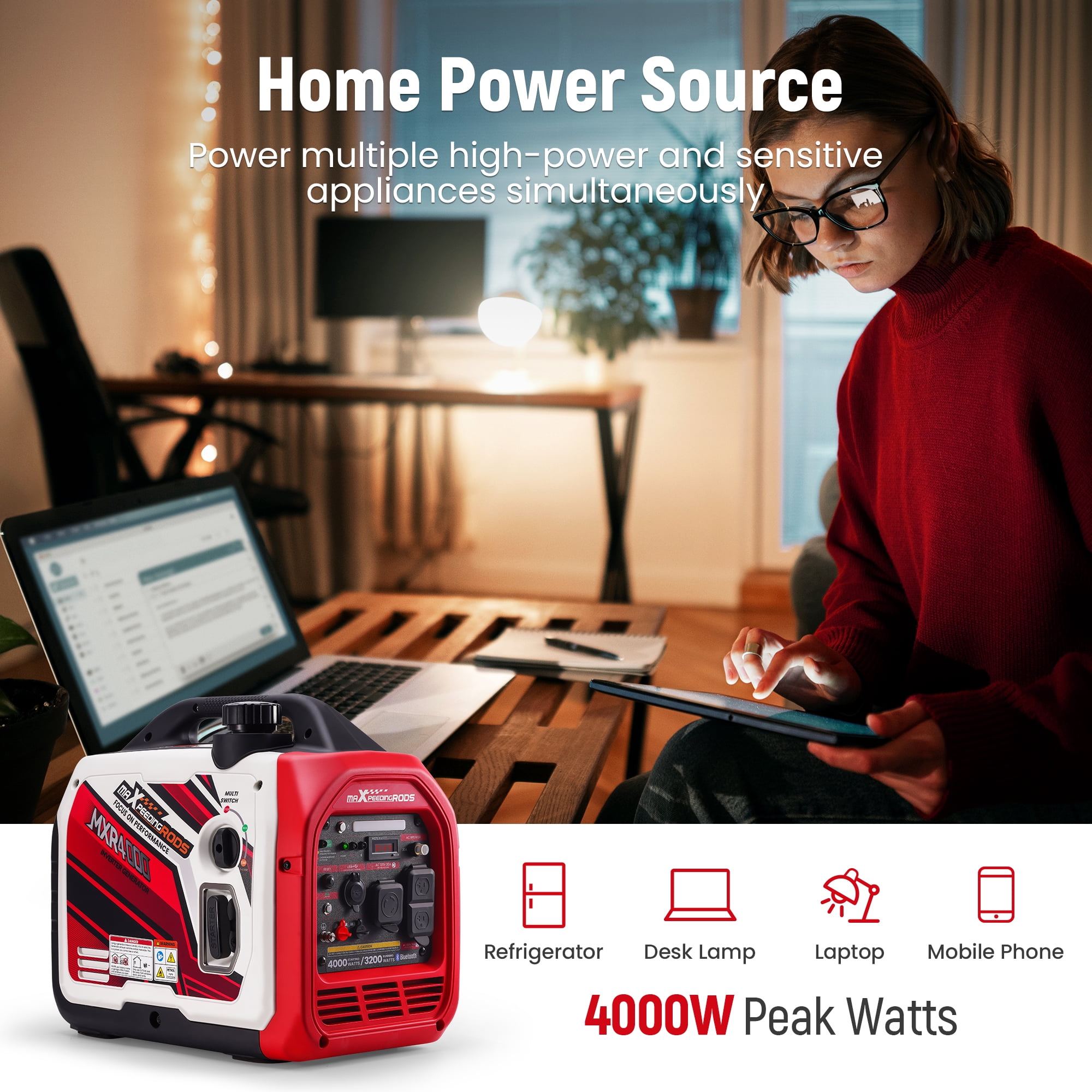 Maxpeedingrods Portable Generator Inverter 4000W/3200W Recoil Start Gasoline Power w/ Bluetooth