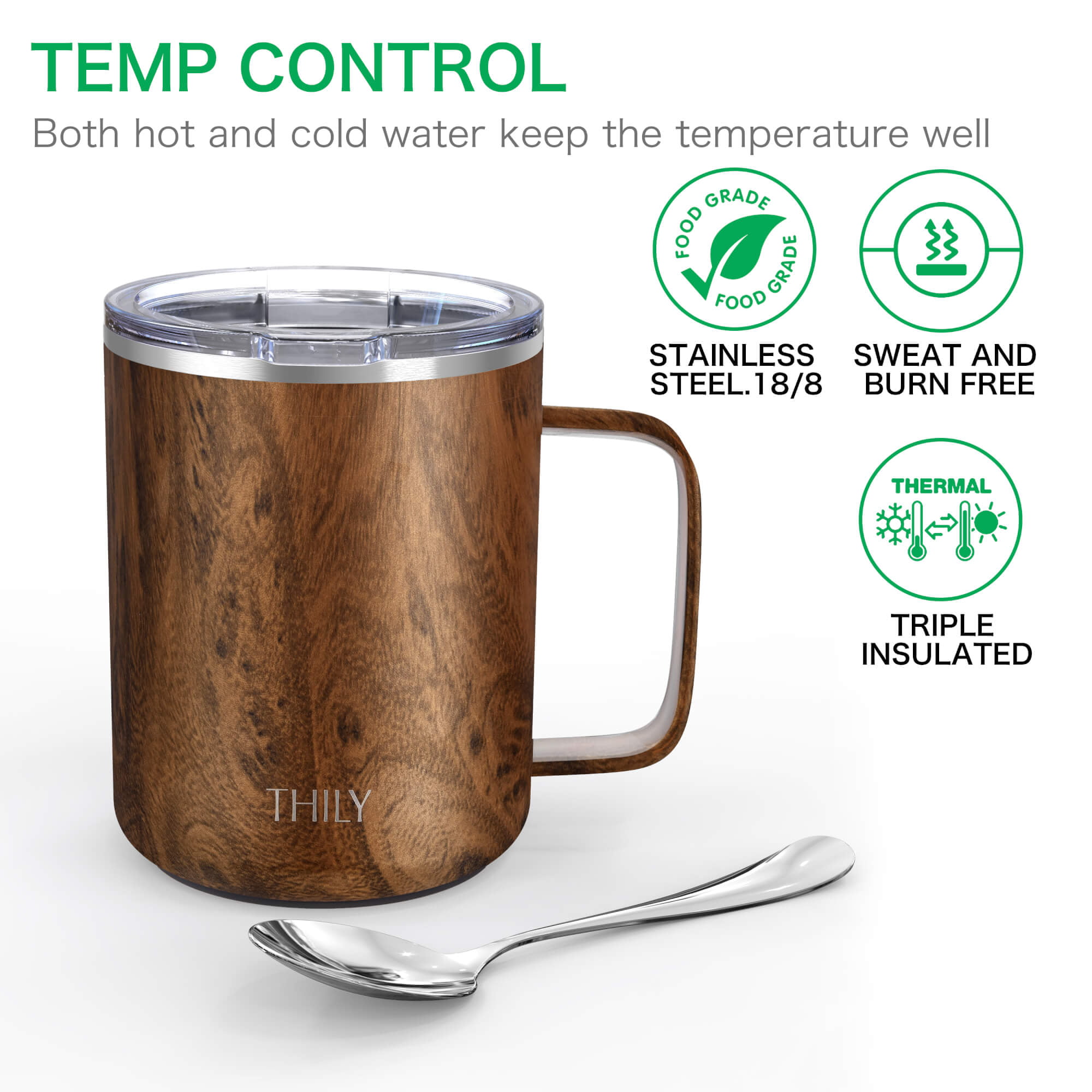 Stainless Steel Insulated Coffee Mug - THILY 12 oz Vacuum Insulated Coffee  Cup with Handle, Spill-Proof Lid, Reusable, BPA Free, Keep Coffee Cold or  Hot, Original Woodgrain 