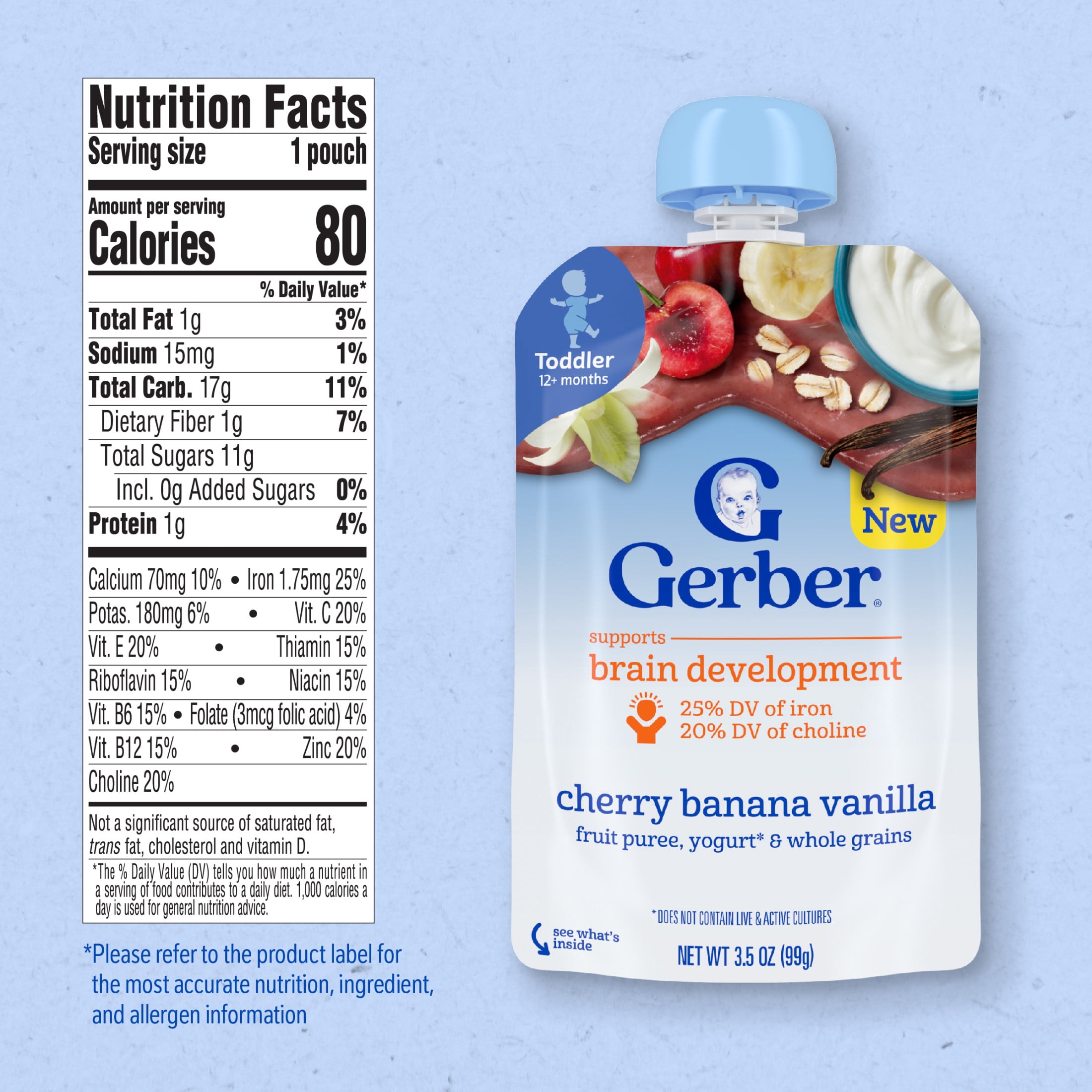 Gerber Toddler Food with 25% DV Iron, Cherry Banana Vanilla Puree Pouch, Fruit Yogurt & Whole Grain 3.5 oz