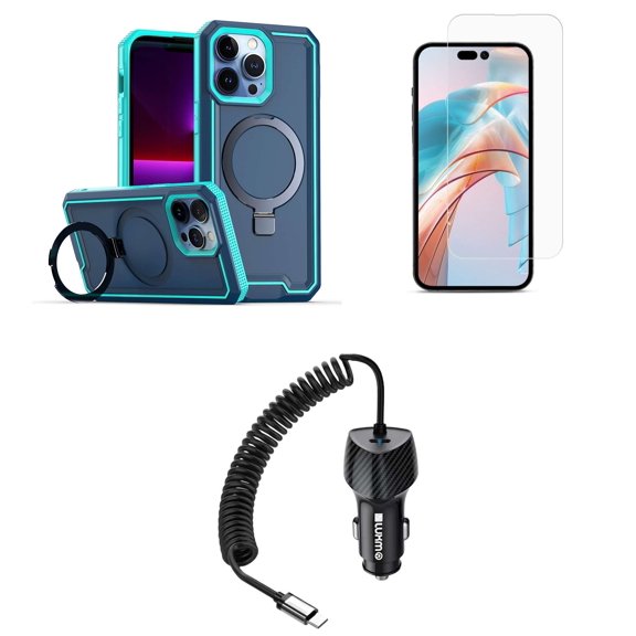 Bemz Case for iPhone 15 with Slim Heavy-Duty Armor Defender Wireless Charger Magnetic Kickstand Cover, Glass Screen Protector, 40W Car Charger (USB-C Port) - 5 Foot (Teal Blue)