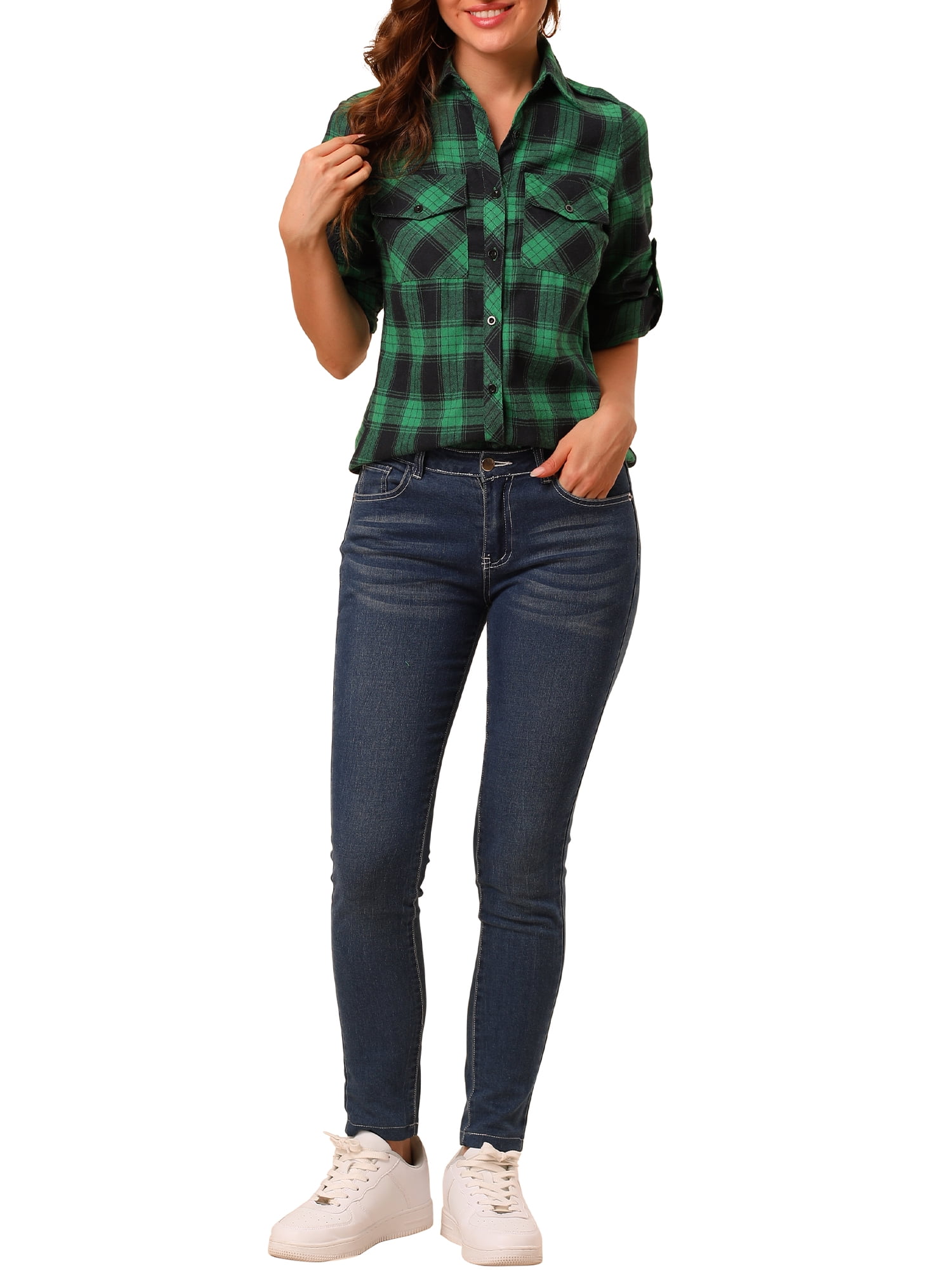 Unique Bargains Women's Halloween Costume Check Roll Up Sleeves Button Down Shirt