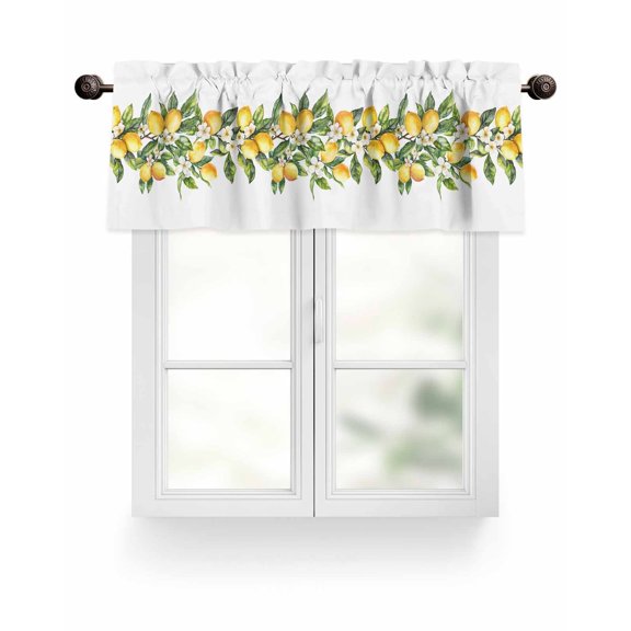 Yellow Tropical Lemon Kitchen Valances for Windows Green Botanical Leaf Flowers Valance Curtains for Kitchen /Living Room/Bedroom/ Bathroom Decor, 42"x12 " ,Rod Pocket 1 Panel, White