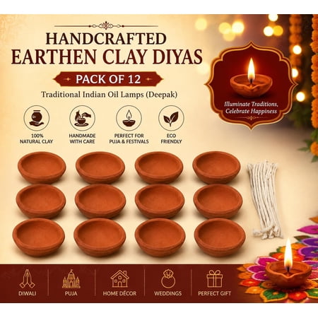 Handcrafted Earthen Clay Diyas Pack of 12 | Traditional Indian Oil Lamps Deepak for Diwali Puja Temple Home Decor Festivals Wedding Gift Decoration