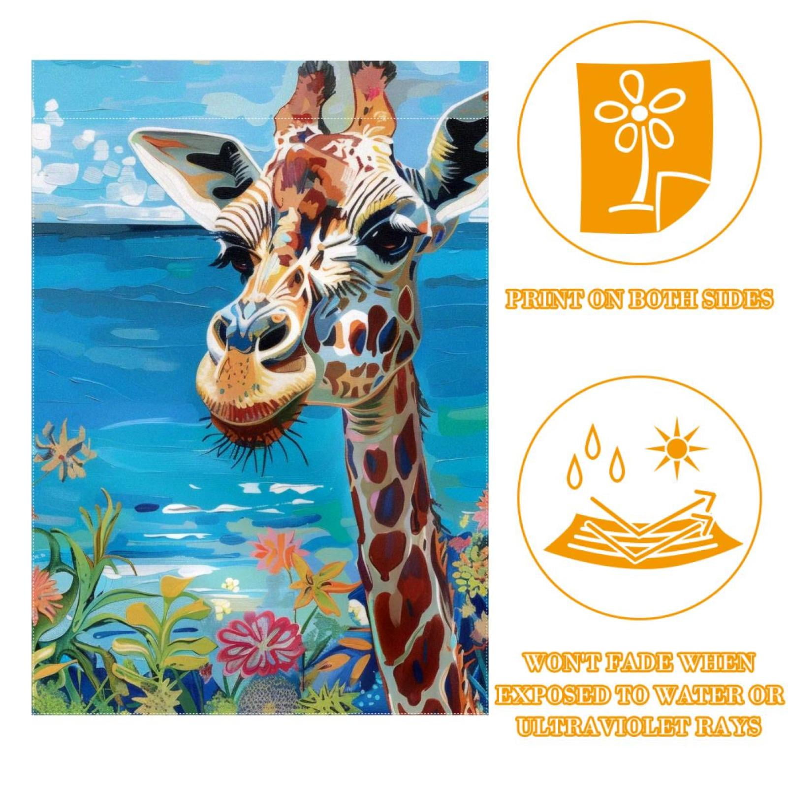 Welcome Funny Giraffe Wildlife Blue Ocean Beach Coastal Coral Garden Flag, Vertical Double Sided Small House Flag, Yard Farmhouse Outdoor Deck Veranda Lawn Decor 28x40 Inch