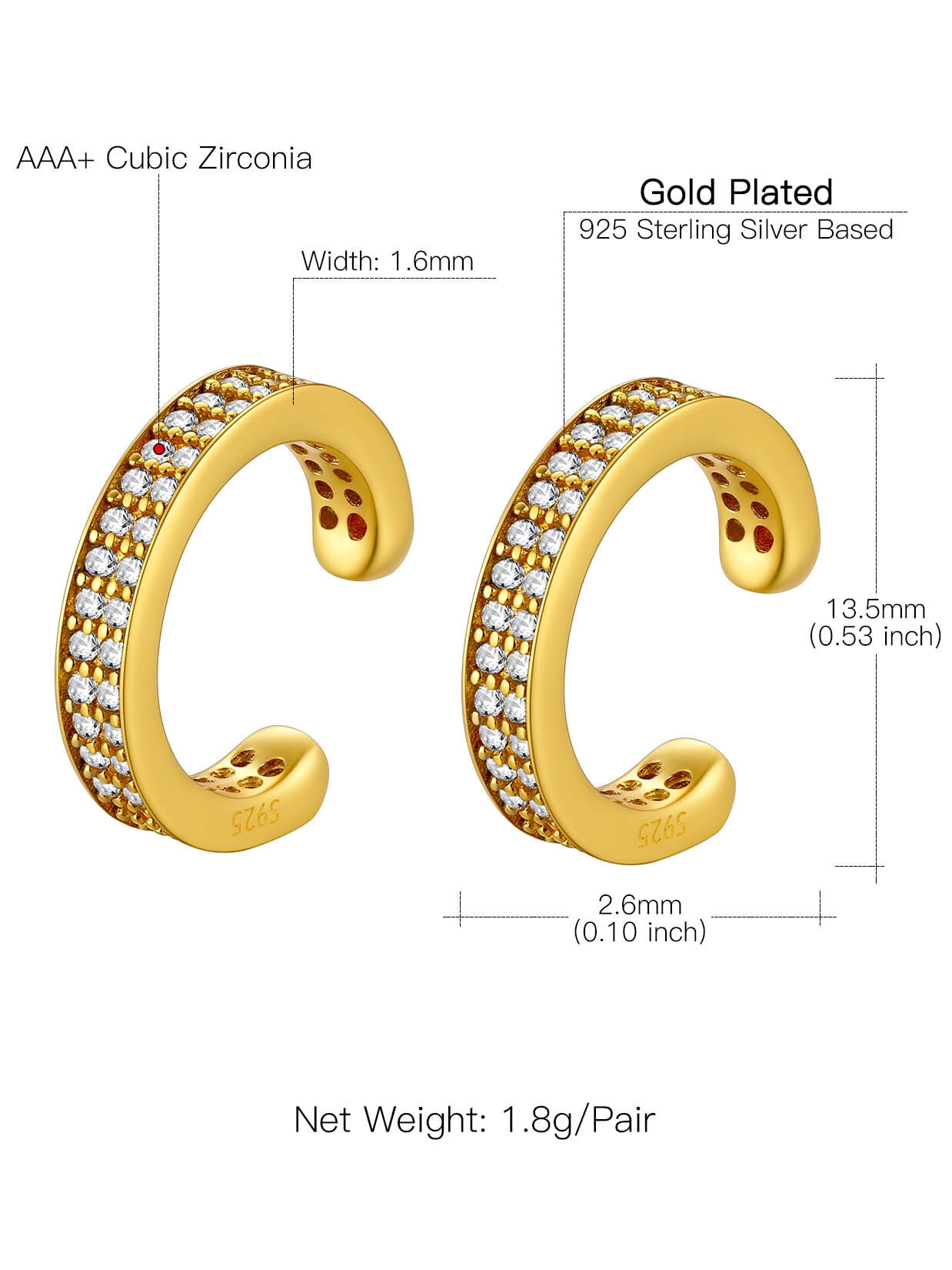 Suplight 925 Sterling Silver White Gold Plated Ear Cuffs Earrings for Women, Double Layer Zircon Earrings Clip On Cartilage Earrings