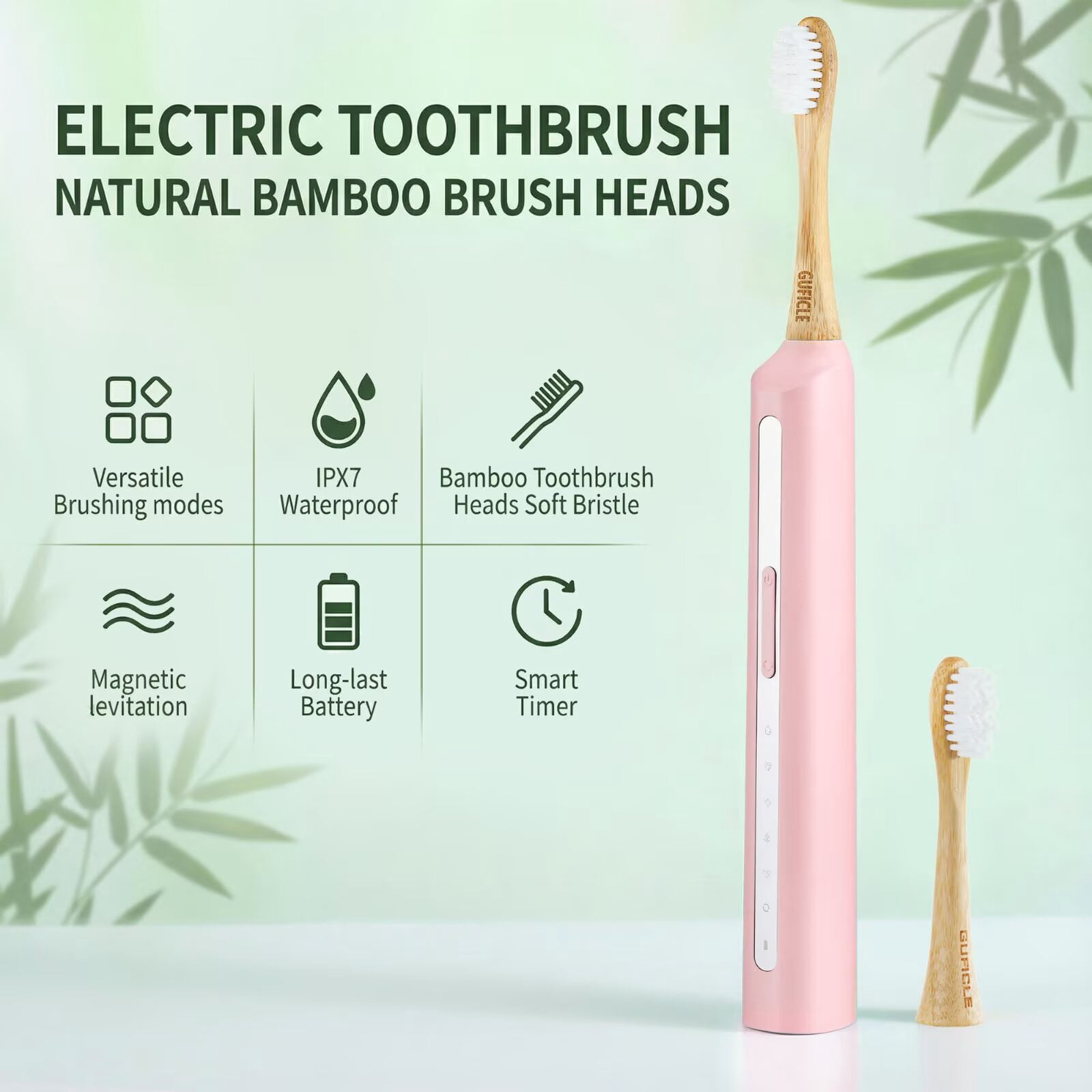 GUFICLE Sonic Bamboo Electric Toothbrush Set - 4 Biodegradable Heads, 5 Modes, Waterproof Zero Waste Sustainable Toothbrush, Pink