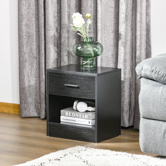 HOMCOM Modern Accent End Table with Drawer and Storage Shelf, Sofa Side Table for Living Room, Black Wood Grain