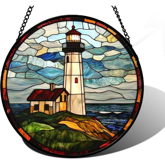 Stained Glass Window Hanging, Ocean Lighthouse Sun Catchers Glass Panel Blue Green Suncatcher Decor for Birthday for Women, Men, Wife, Aunt, and Mom