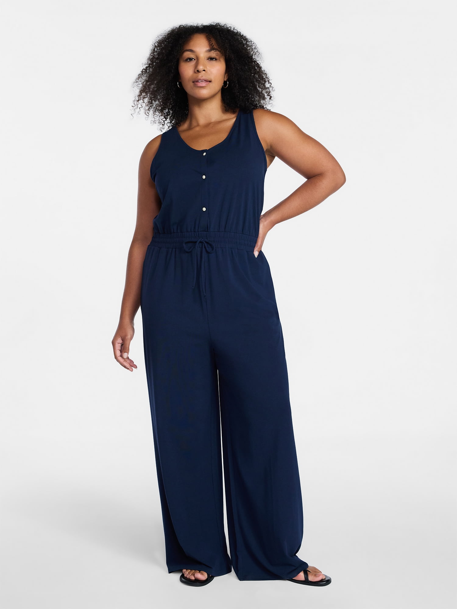 Time and Tru Women's Sleeveless Button Front Jumpsuit, Sizes XS-XXXL