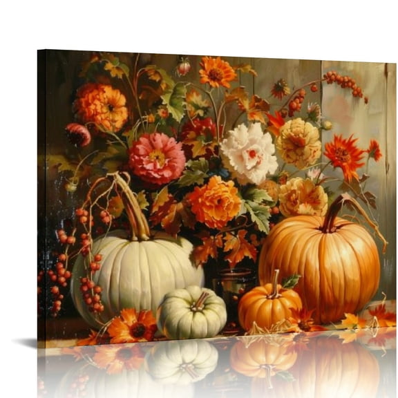 PRATYUS Fall Wall Art Pumpkins Wall Decor Autumn Picture for Living Room Kitchen Still Life Pumpkin Floral Plant Canvas Poster Rustic Farmhouse Prints Painting Artwork Home Decor 20x16in