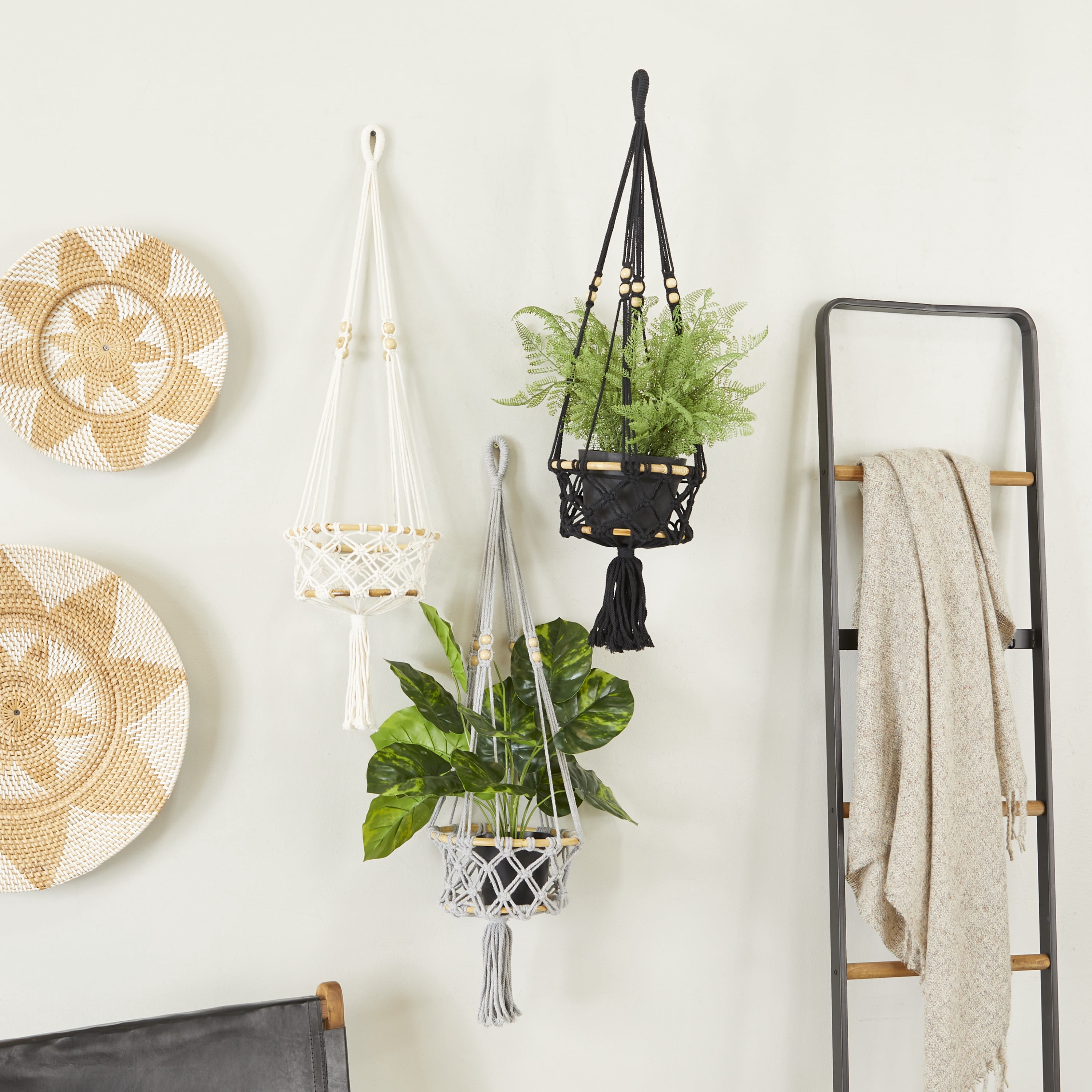 DecMode 9"W, 32"H Round Multi Colored Cotton Handmade Hanging Macrame Wall Planter (3 Count)