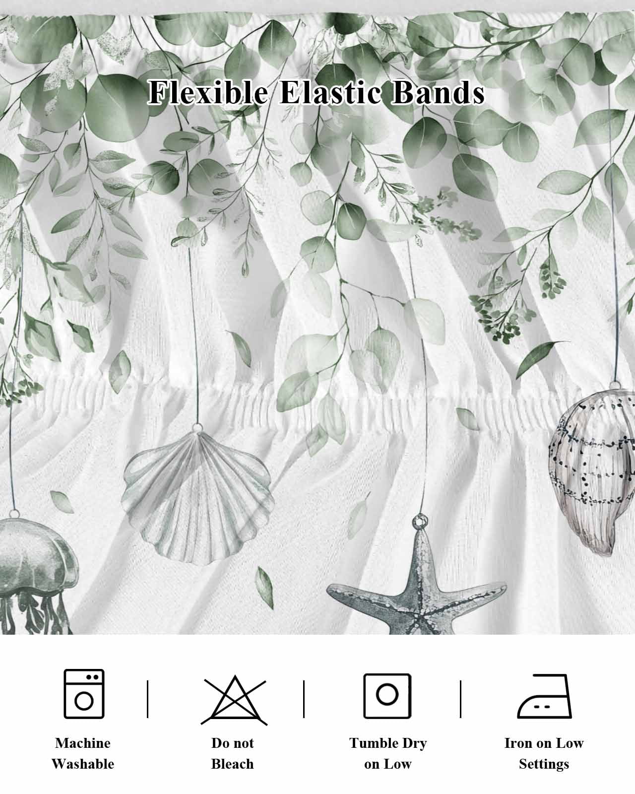 Sage Green Coastal Wrap Around Bed Skirts for Queen Bed 18" Drop,Bed Skirt with Adjustable Elastic Belt Dust Ruffle Bed Valance Summer Eucalyptus Leaves Beach Ocean Starfish Conch Bed Frame Cover