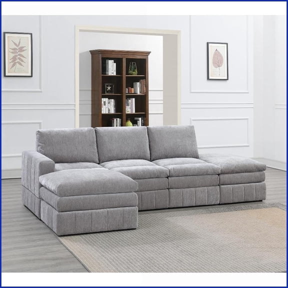 Modern 5pc Modular Sectional Sofa Set – Gray Suede, Plush Triple-Layer Cushions for Living Room | Gray | Suede | Cushion Back