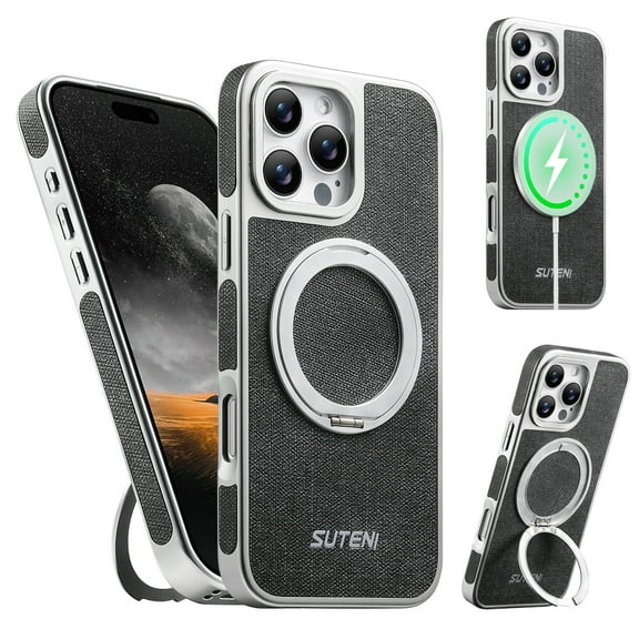 for iPhone 15 Pro Magnetic Case with 360 Rotating Ring Kickstand, Compatible with MagSafe, Denim Texture Metal Hard PC Stylish Anti-Scratch Wireless Charging Shockproof Phone Cover, Black