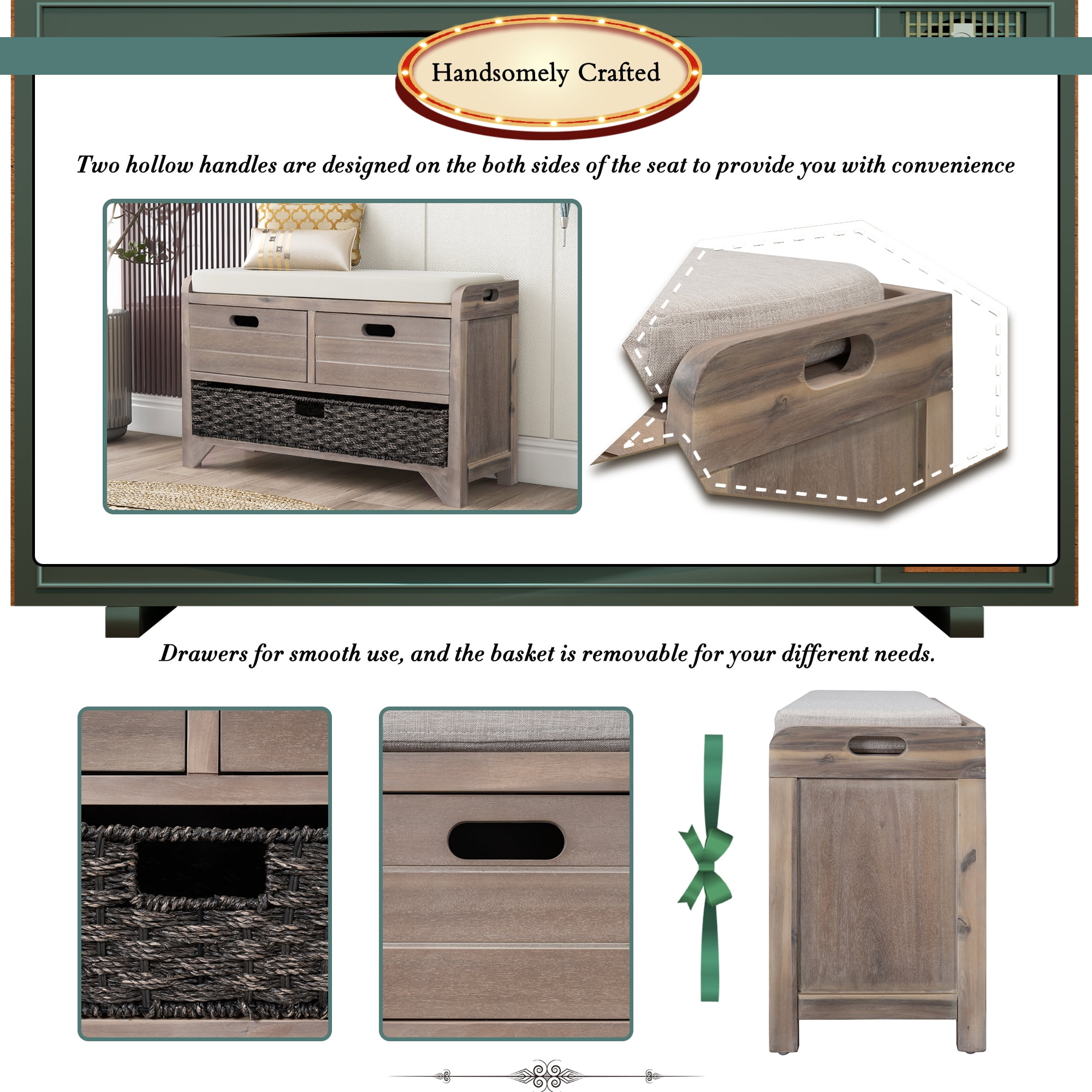 Aukfa Wood Storage Bench with Removable Basket and 2 Drawers for Entryway - Light Brown