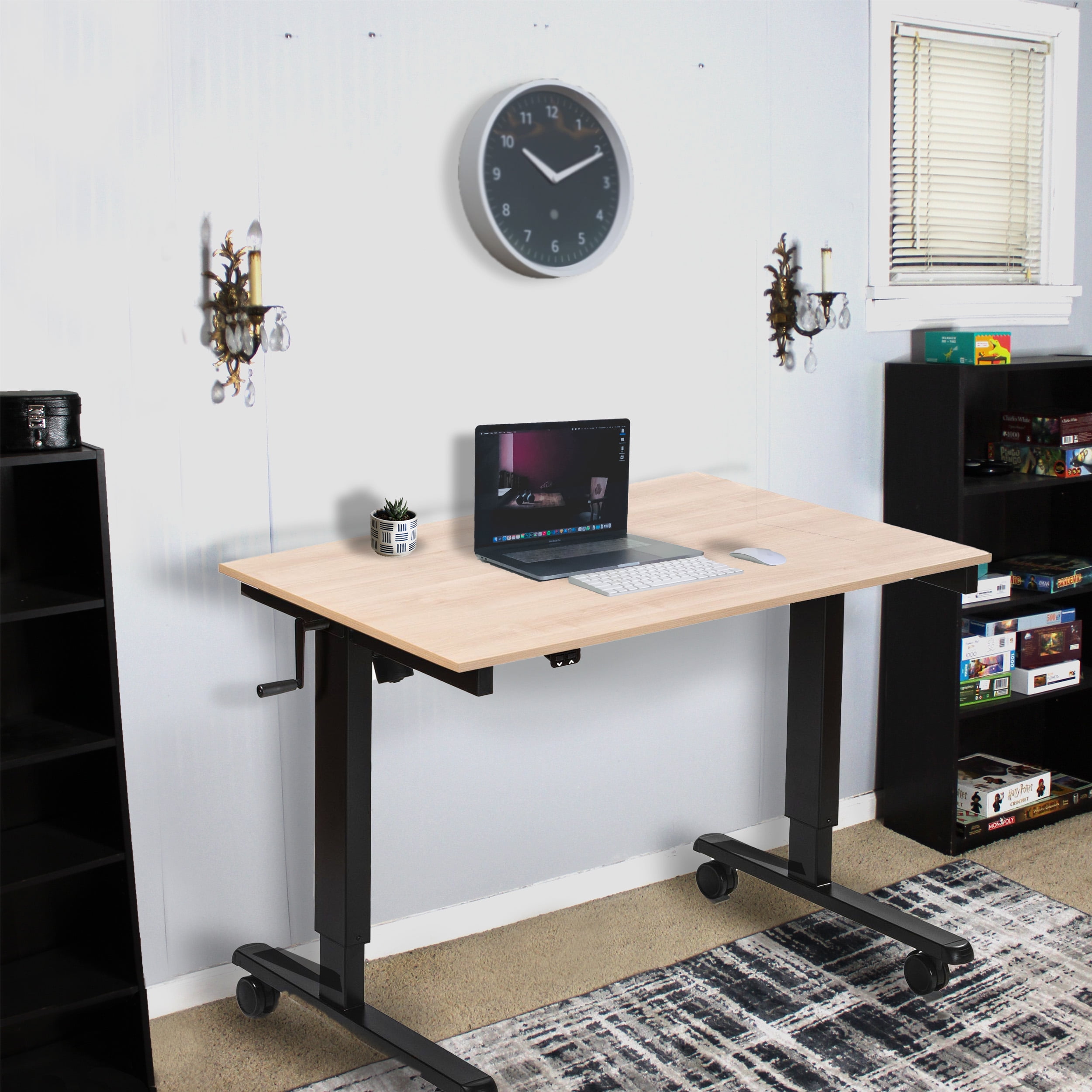 Stand Up Desk Store Crank Adjustable Height Rolling Standing Desk (Black Frame/Natural Walnut Top, 48" Wide)