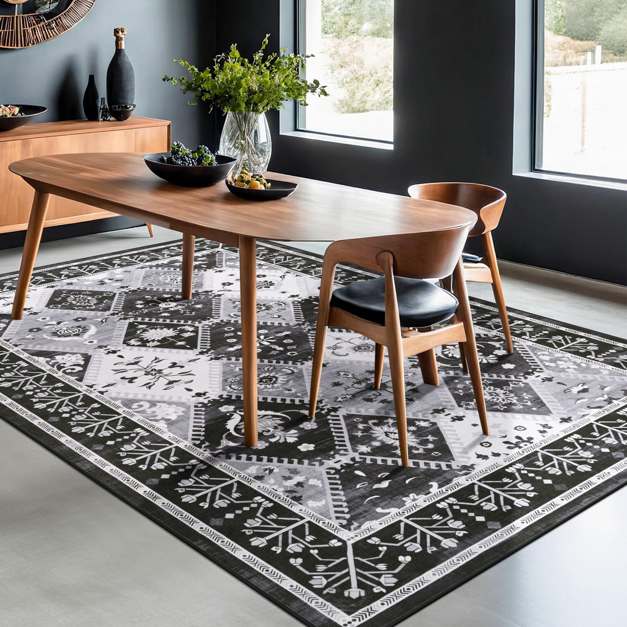 Wondo Moroccan Vintage Trellis Area Rug - Machine Washable Non-Slip Low-Profile 4x6 Floor Carpet for Living Room, Bedroom, Dining Room, Office & Nursery, Black