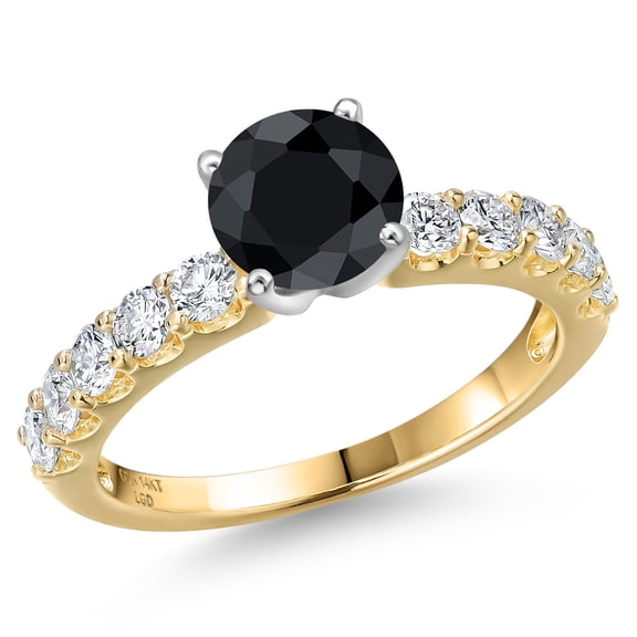 Gem Stone King 14K Two Tone Gold Black Sapphire and Lab Grown Diamond Engagement Ring for Women | 1.80 Cttw | Round 6MM | Gemstone September Birthstone | Size 8
