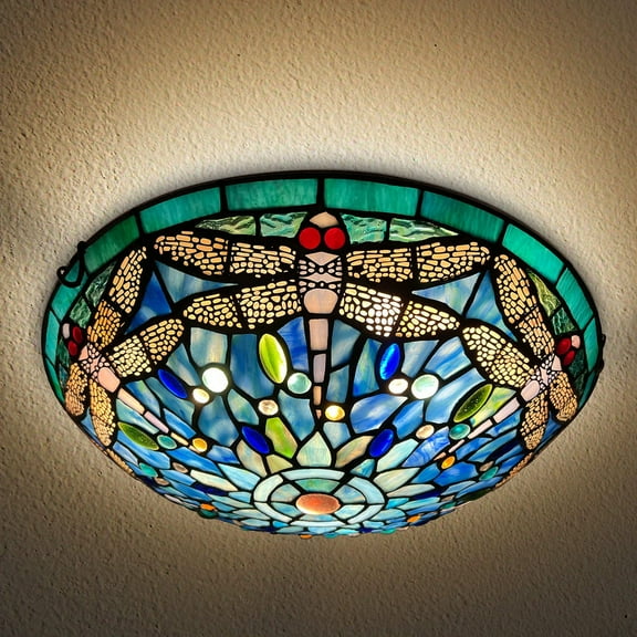 Vinplus Tiffany 3 Light Flush Mount Ceiling Light 16" White Finish with Tiffany Glass