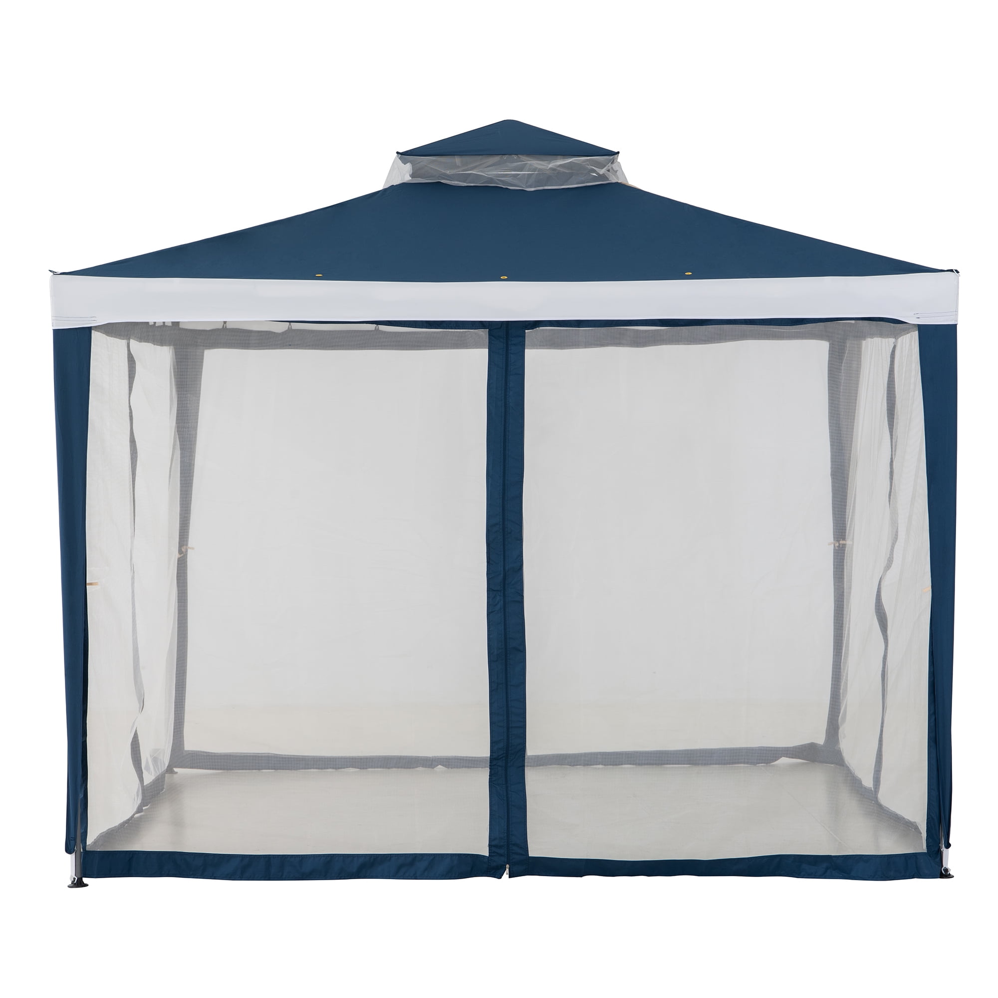 Sunjoy 10’ x 10’ Outdoor Patio Gazebo, Backyard Modern 2-Tier Steel Frame Soft Top Gazebo with Mesh Netting - Navy Blue & White