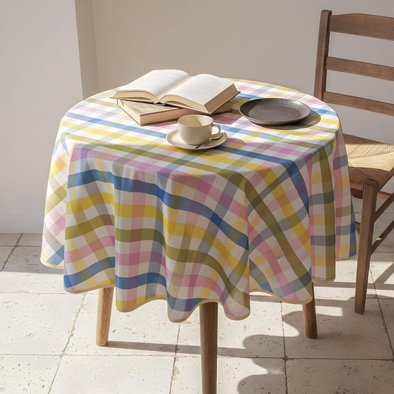 Odenmar Easter Round Tablecloth 60 Inch, Pastel Plaid Waterproof Table Cover for Dining Table, Spring Party, Indoor Outdoor Use