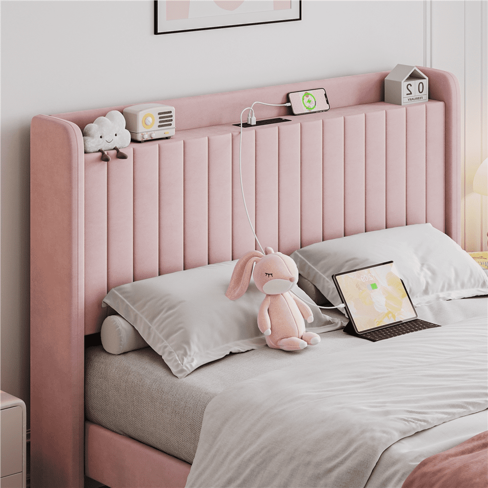 Renwick Upholstered Velvet Bed Frame with Charging Outlets and USB Ports, Queen, Pink