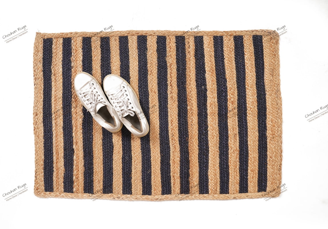 Natural Jute Rug Hand Braided Beige and Navy Blue Scalloped Area Rug Rectangle Rug