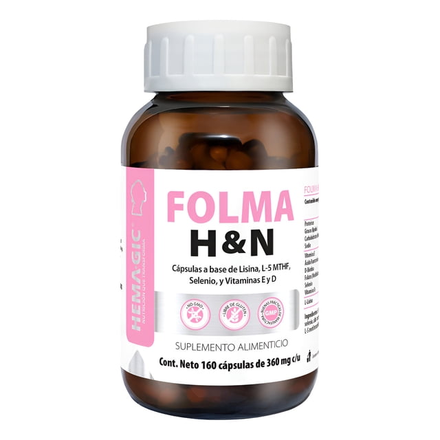 HEMAGIC Folma H&N - Lisina Biotina Selenio Vitaminas E, D, Y Folato - Suplemento Alimenticio 160 Cápsulas 360 mg c/u - Cabello Y Uñas - Nutricosmético
