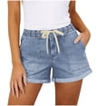 thumbnail image 2 of VBVC Women's Elastic High Waisted Denim Shorts,Drawstring Cuffed Washed Bottoms For Women,Ladies Stretchy Summer Jean Shorts with Pockets,Blue,S-2XL, 2 of 8