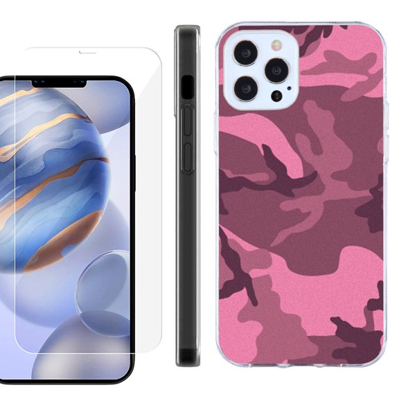 Slim Fit Protective Phone Case for Apple iPhone 12 / iPhone 12 Pro, with Tempered Glass Screen Protector, by OneToughShield ® - Camo Pink