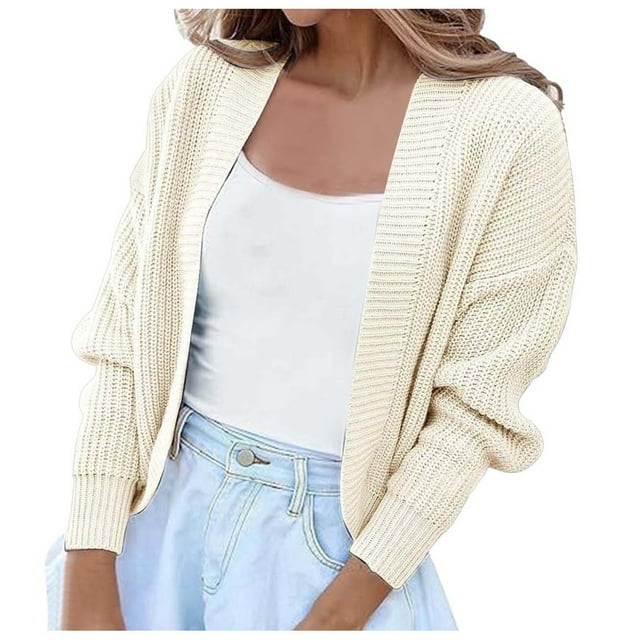 GPOECD Women's Solid Color Long Sleeve Open Shoulder Cropped Knit Cardigan Sweater White,S