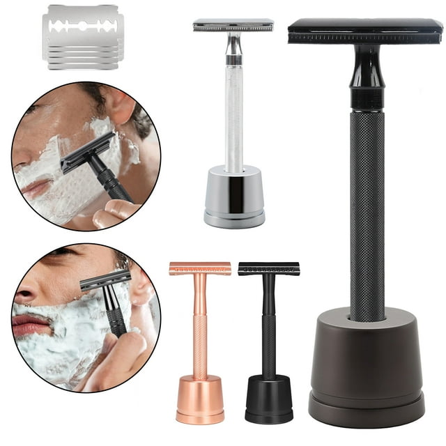 Men Safety Razor with Stand Stainless Steel Blade Cleaning Brush Double-sided Portable Travel Manual Male Shaving Razor Father Husband Gift