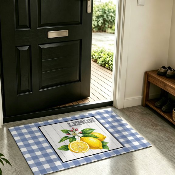 Front Door Mat Indoor Outdoor Summer Lemons Flowers Non-Slip Doormat Low Profile Patio Porch Entryway Rug 16x24in Blue White Plaid