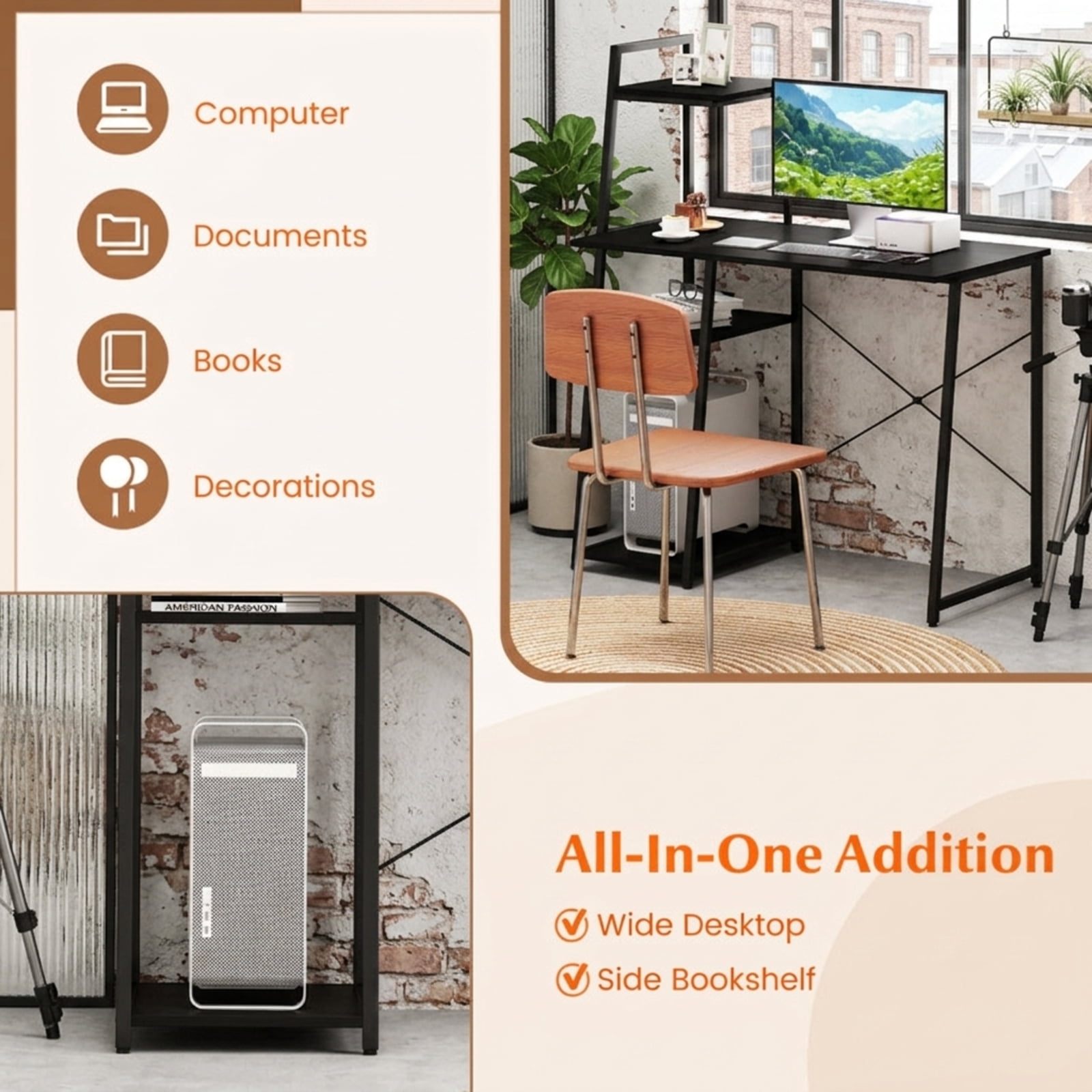 Furnibear Computer Desk with 3-Tier Storage Bookshelf Metal Frame Home Office Writing Workstation and Open Display Shelves, Black