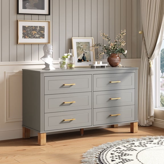WGYPRIME 6 Drawer Double Dresser, Modern Chest of Drawers with Metal Handles & Solid Wood Legs, Heavy-Duty Storage Dressers Organizer for Bedroom
