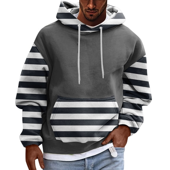 LWavelet Mens Casual Striped Sleeve Drawstring Hooded Sweatshirt Pullover with Kangaroo Pocket Long Sleeve Comfortable Hoodie