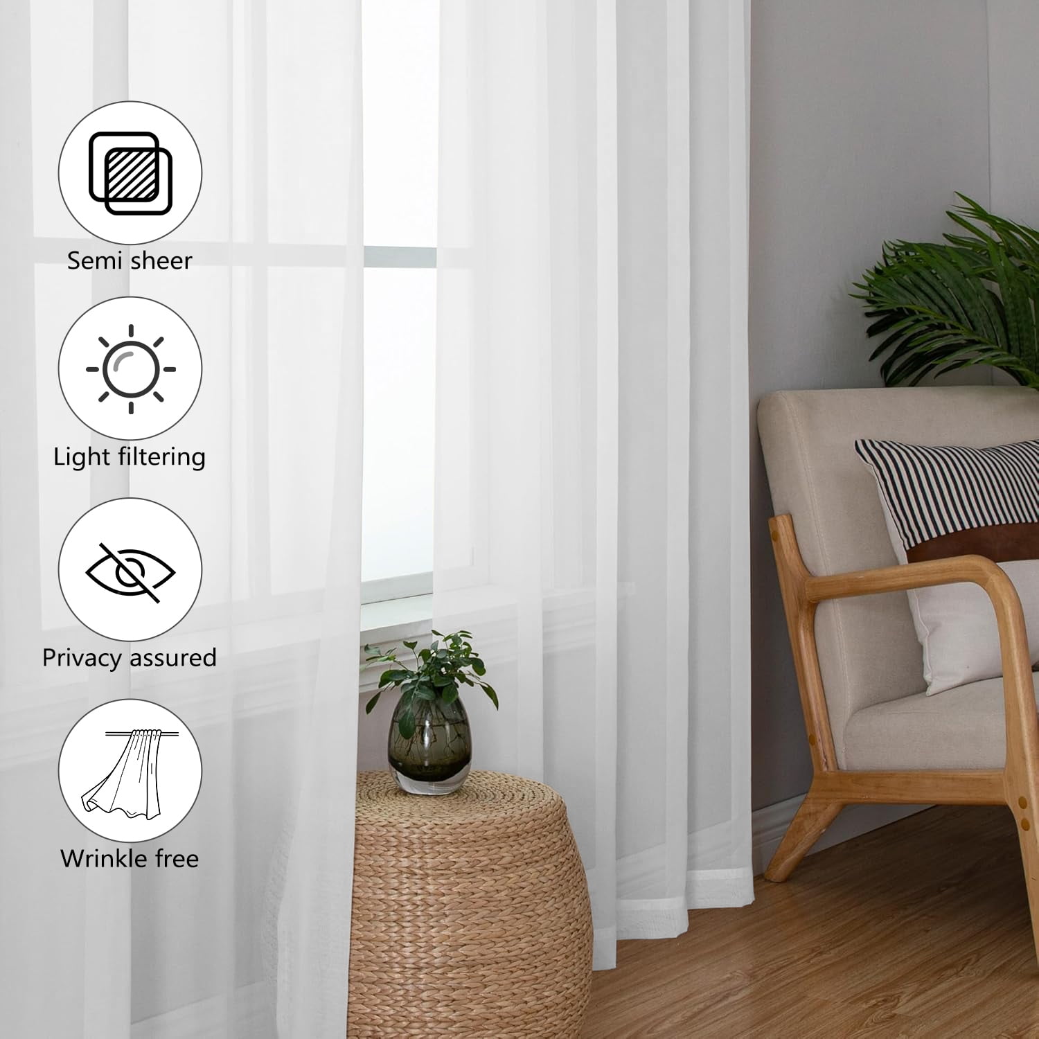 XUEYU Sheer Curtains 96 Inch Long, Window Curtain Panels, Rod Pocket Voile Sheer Panel Drapes, Light Filtering for Bedroom, Living Room, Yard, 2 Panels, 52" W x 96" L, White