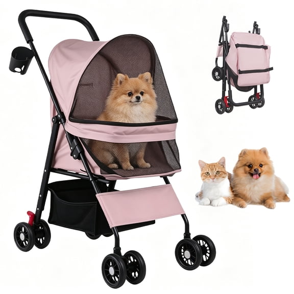 Foldable Pet Stroller with Weather Cover, Storage Basket, Cup Holder and Breathable Mesh for Dogs up to 30lbs, Pink