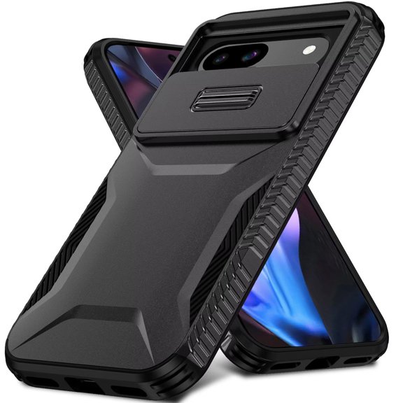 For Google Pixel 9A Case, Slim Fit Shockproof Hybrid with Slide Camera Window Covering, Rugged Tpu Silicone Hard PC Bumper Phone Cover (Black)