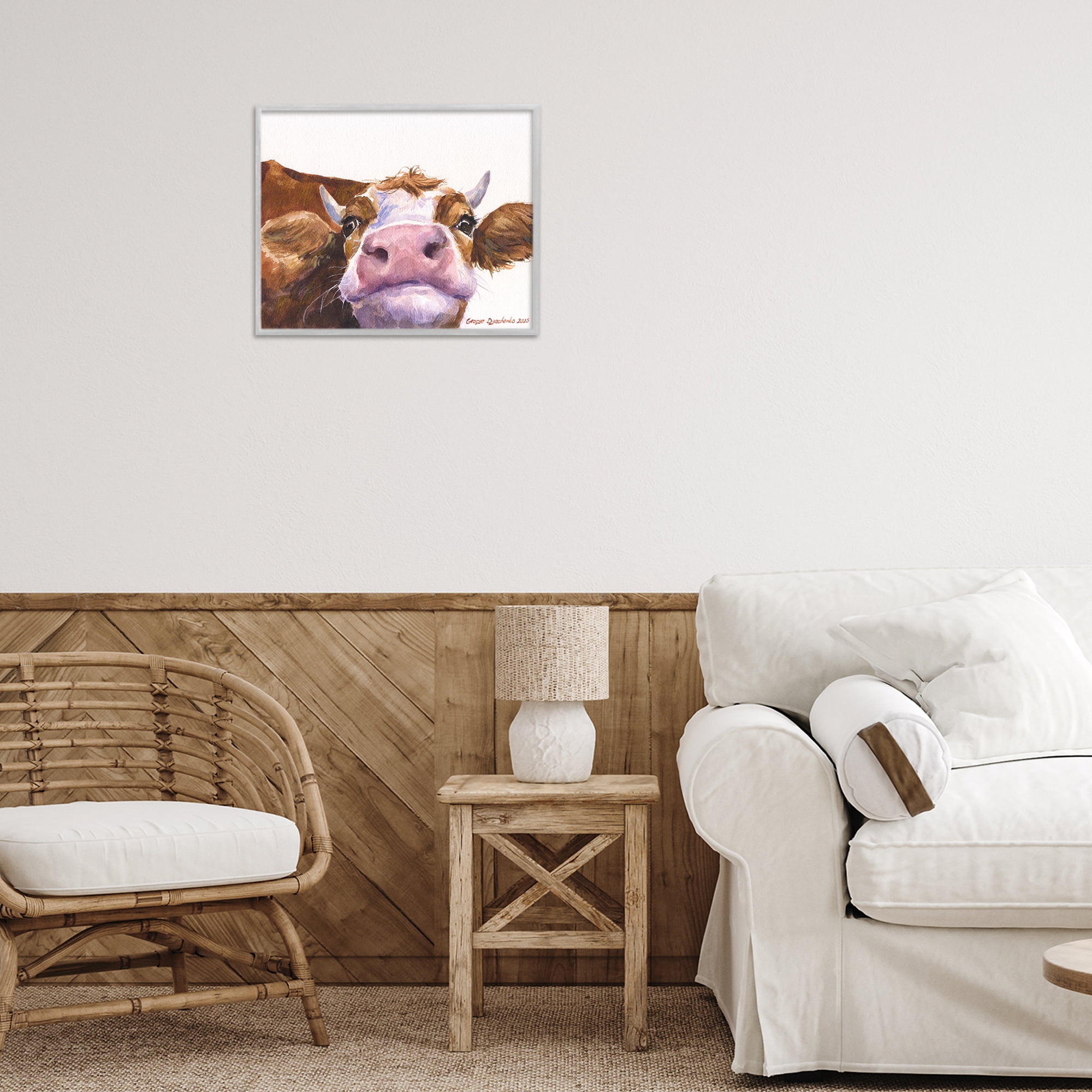Stupell Industries Cute Cow Close Up Gray Framed Giclee Art, design by George Dyachenko