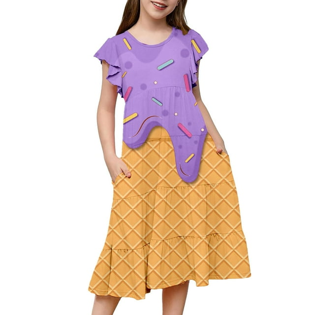 Robe Enfant Fille Manches Volantes Imprimés Fête de Vacances Performance Danse Robes de Fête Robes de Fête Filles Violet Clair 6 Ans-7 Ans