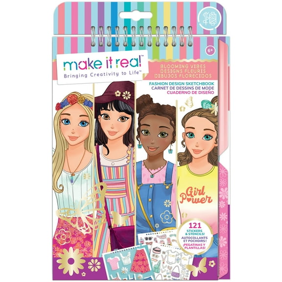 Make It Real: Fashion Design Sketchbook: Blooming Vibes - Includes 121 Stickers & Stencils, Draw Sketch & Create, Fashion Coloring Book, Tweens & Girls Ages 6 
