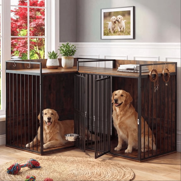Heavy Duty Double Wooden Dog Crate Furniture, 78"×24"×37" Indoor Pet Kennel End Table with Removable Divider, Multi-Function Pet Side Table for 2 Large Dogs