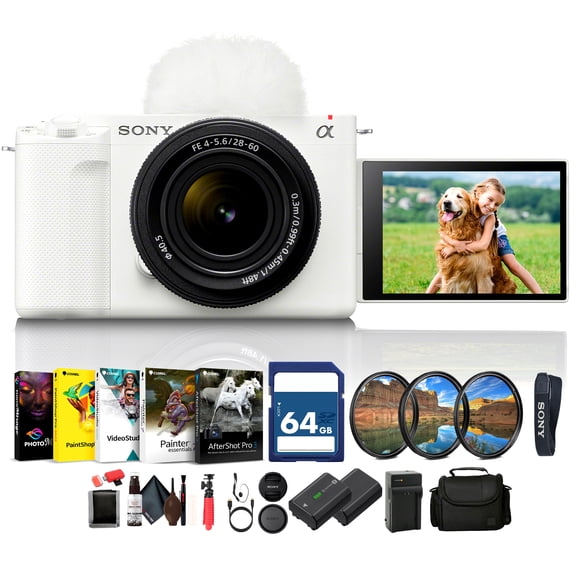 Sony Alpha ZV-E1 Full-frame Vlog Mirrorless Lens Camera with 28-60mm Lens - White (ILCZVE1L/B)   64GB Memory Card   Filter Kit   Bag   NP-FZ100 Compatible Battery   External Charger   More