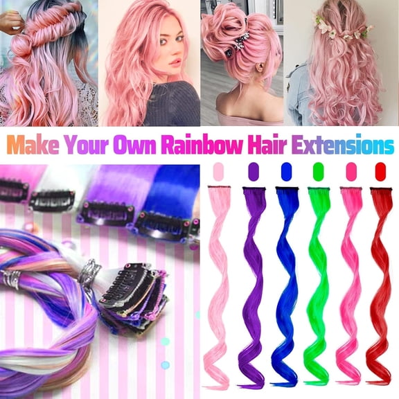 WEIF-12 PCS Pink Hair Extensions Clip in, Curly Wavy Colored Extension for Kids Girls - Party Highlights Synthetic Hairpiece 17 inch