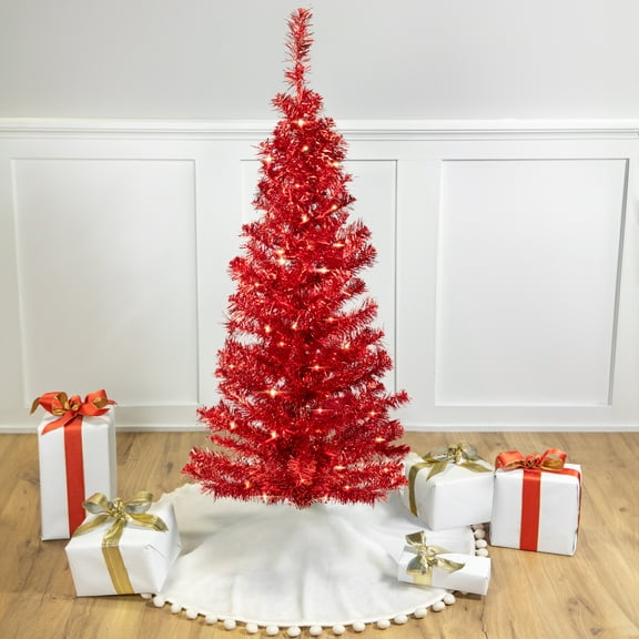 Northlight Pre-Lit Artificial Tinsel Christmas Tree - 4' - Red - Clear Lights