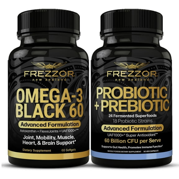 FREZZOR Omega 3 Black Green Lipped Mussel Oil, 53x Higher potency for Superior Joint Comfort & Mobility, No Fishy Aftertaste, 1 Bottle, 60 Softgels plus 1 Bottle of Probiotic  Prebiotic