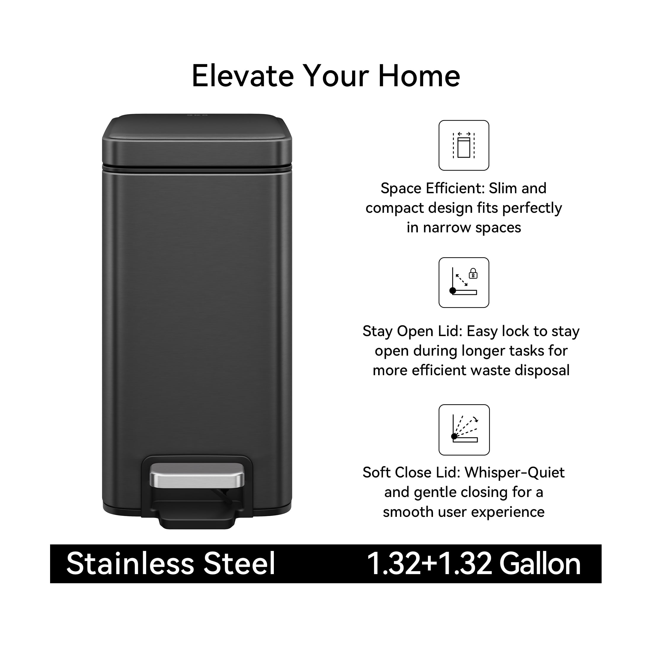 EKO Genie Bathroom Trash Can 2 Pack, 1.3 Gallon Stainless Steel, Gun Metal with Sample Trash Bags Included