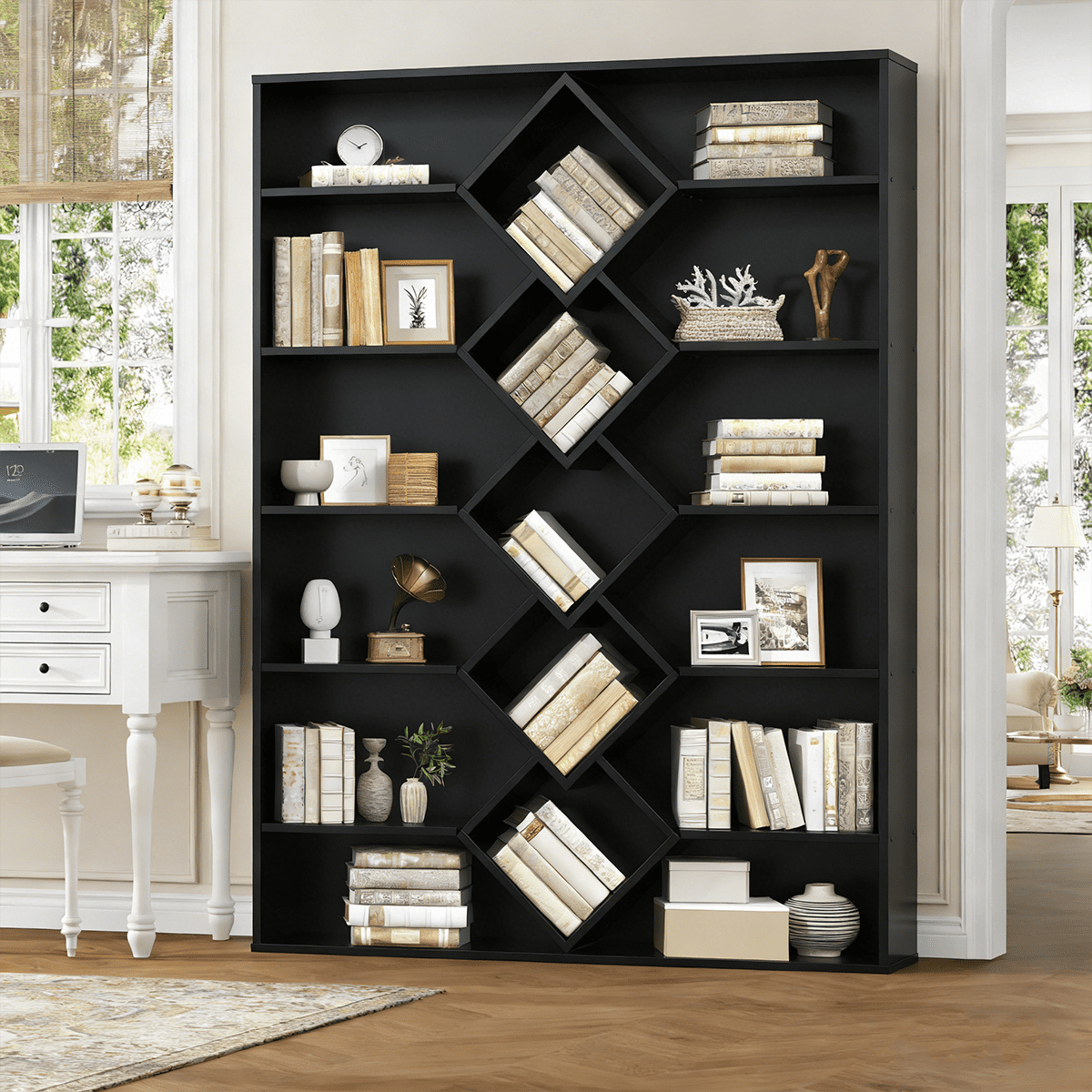 Frmobepts Triple Row 6-tier Bookshelf, 71 in Tall Bookshelf with 17 Open Display Shelves, Large Bookcase for Office Living Room, Black